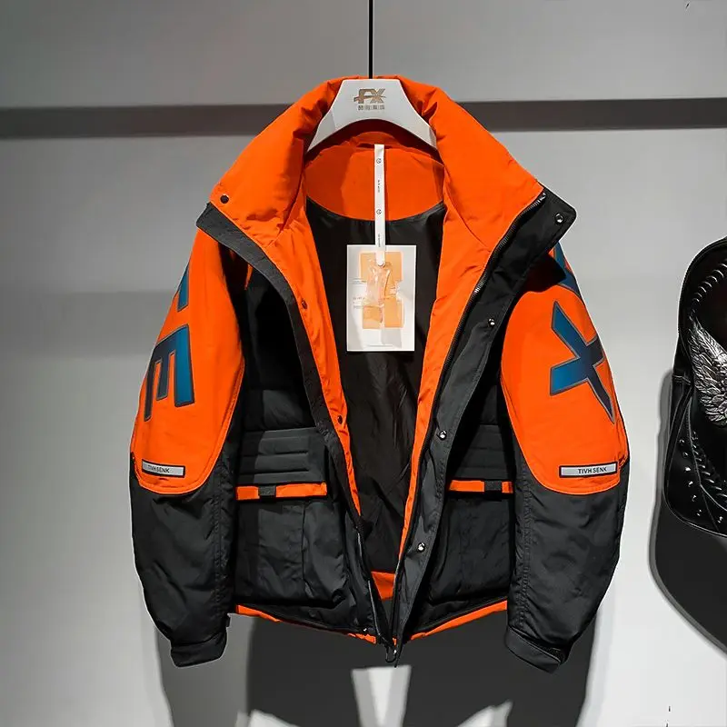 Personalized and Fashionable Men's Spliced Contrasting Color Youth Bread Jacket 2024 Winter New Versatile Parkas Male Clothing