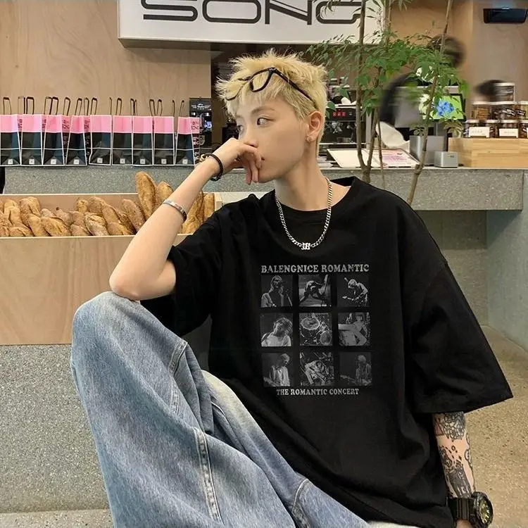 

American Black and White Photo Print Short Sleeved T-shirt Men Spring and Summer New Niche Base Fashion Casual Half Sleeved Top