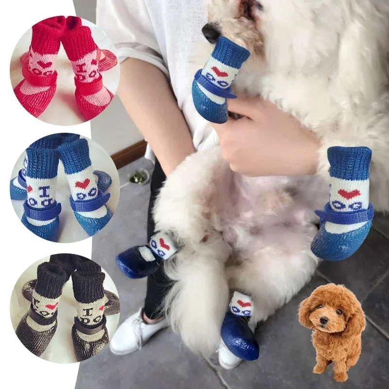 Dog Snow Boots Rain Waterproof Non-slip Footwear Pet Dog Shoes Rubber Cotton Socks Winter Keep Warm Thicken Socks 4Pcs/set