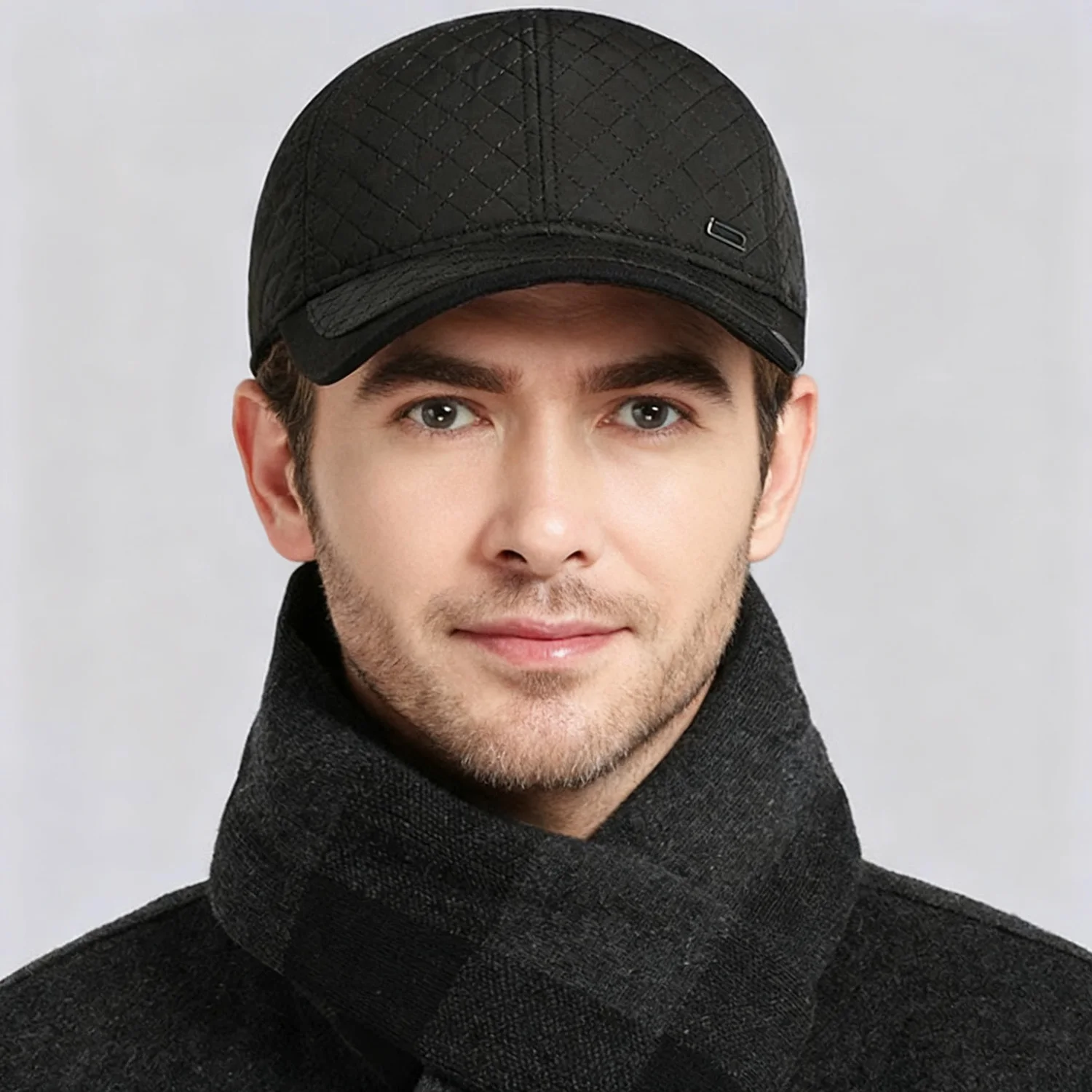 Winter Men Solid Color Quilted Embroidery Baseball Caps Middle-aged Casual Hat Warm Windproof Fleece-Lined Earflap Baseball Cap