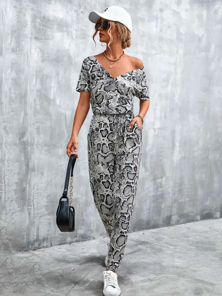 

Summer Leopard Jumpsuit Women V Neck Snake Print Jumpsuits Overalls Ladies Short Sleeve Rompers Womens Jumpsuit 2023