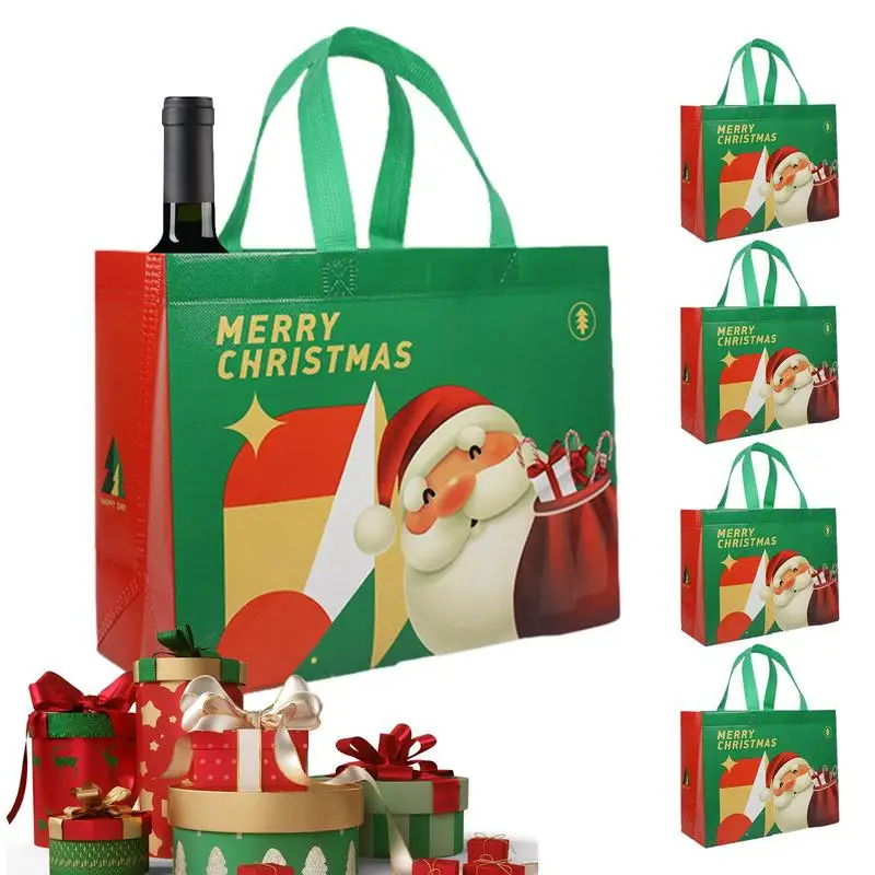 

5pcs Christmas Tote Bags with Handles Reusable And Portable Christmas Treat Bags Holiday for Home Xmas New Year Packaging Bags