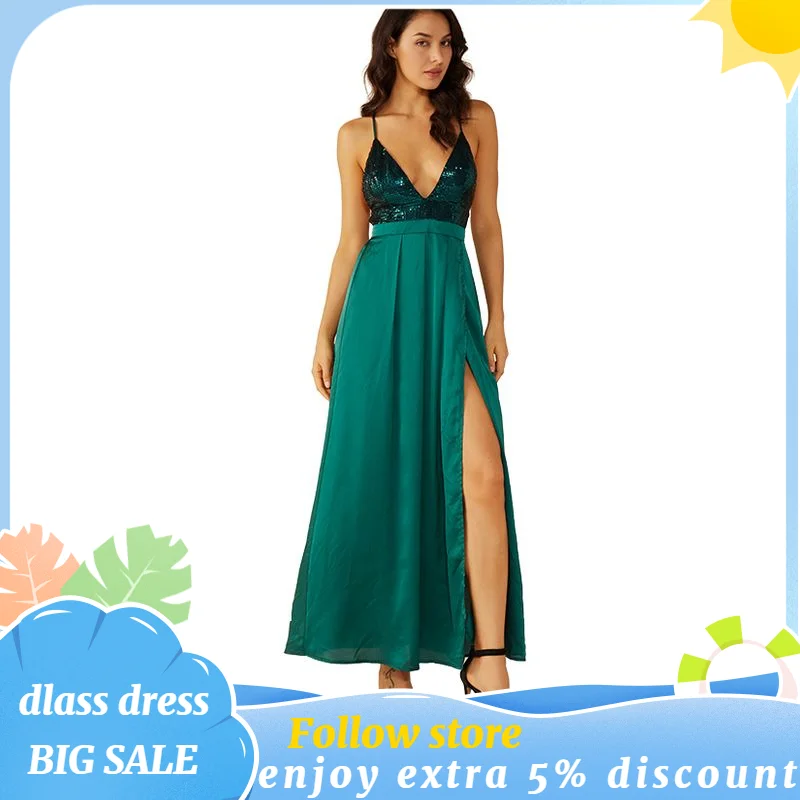 

Simple Green V-neck A-line Evening Dress Sequin Top Spaghetti Straps Sexy Split Ankel-Length Backless Prom Gowns вечерние платья