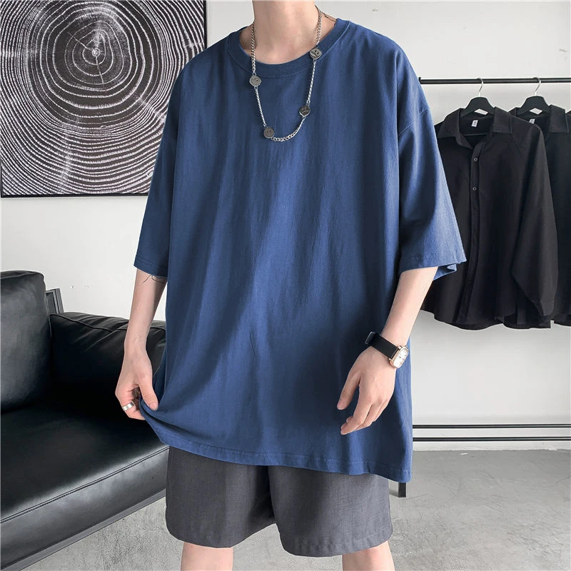 Hybskr Summer Man T-shirts Short Sleeve Solid Color Casual Oversized T ...