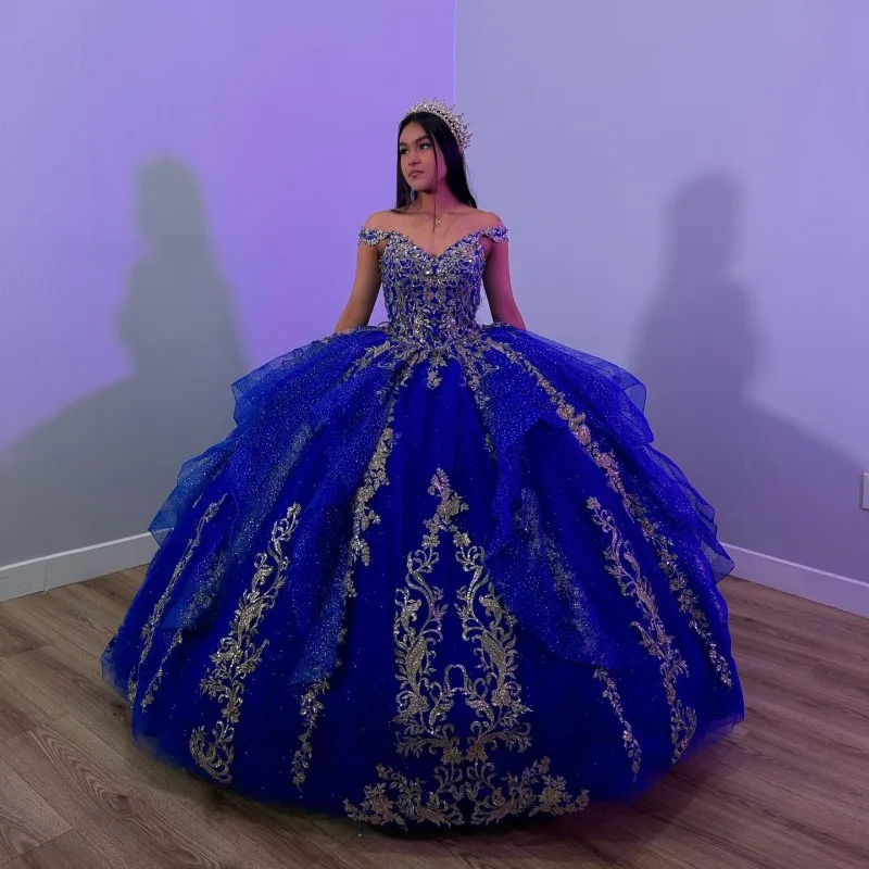 

ANGELSBRIDEP Royal Blue Ball Gown Quinceanera Dresses Lace Appliques Beading Off the Shoulder Vestidos De 15 años Court Train