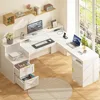 63" Farmhouse L Shaped Executive Desk with Drawers & Storage Shelf, Corner Computer Desk with Power Outlets, L Shaped Office Des 4