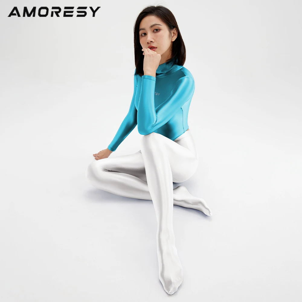 Women Sexy Oil Glossy One Piece Swimsuit Tights Long Sleeve Smooth High Neck Thong Back Zipper Surfing Swimsuit Bodysuit one piece swimsuit women swimsuit