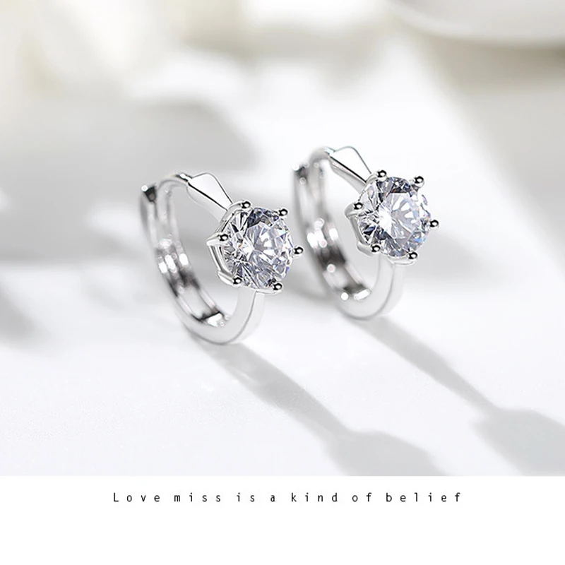 Classic Inlaid Six Claw Zirconia Stud Earrings For Women Fine Shiny Silver Color Elegant Wedding Fashion Jewelry Girls Gift