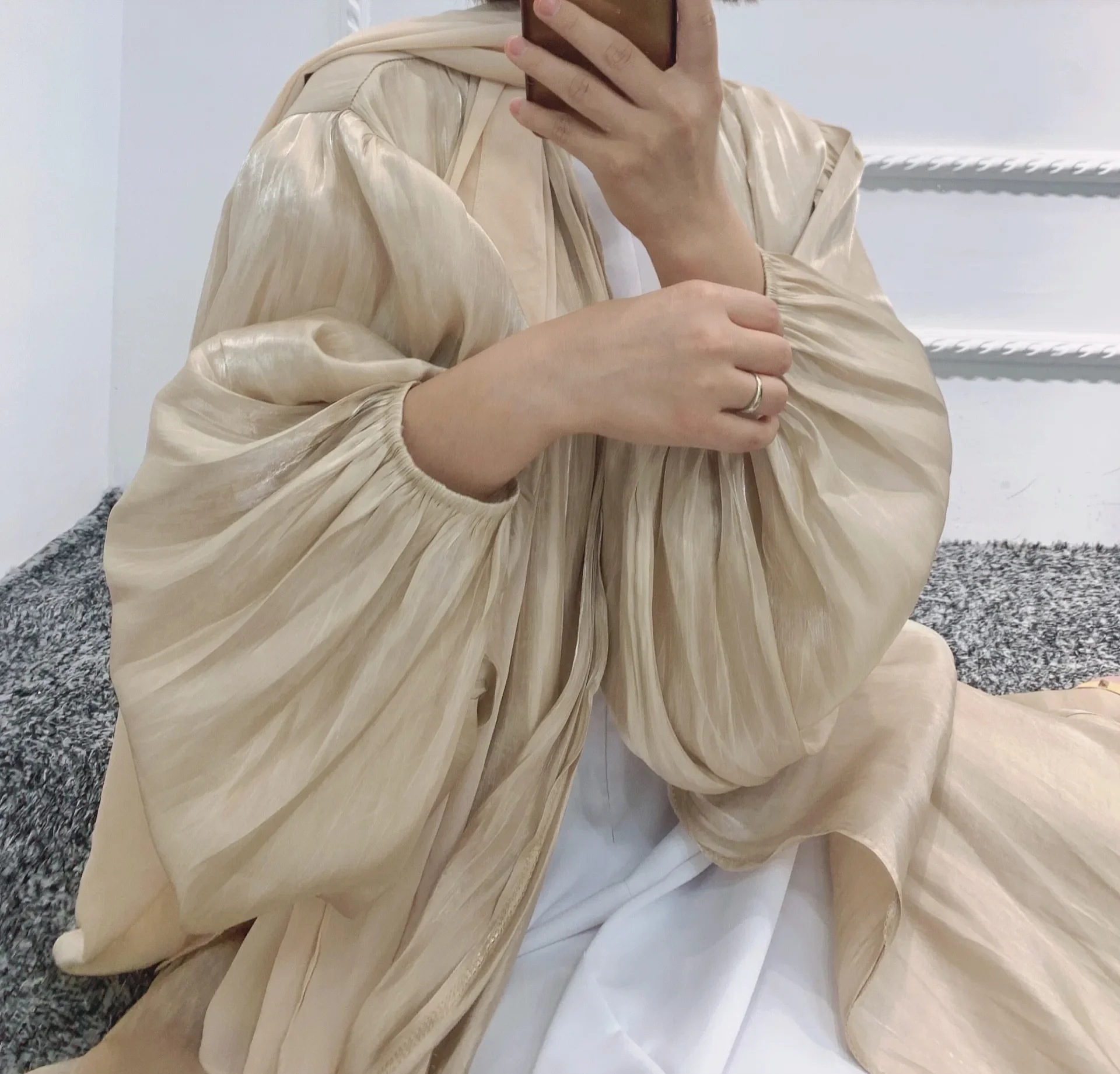 Eid Open Abaya Dubai Muslim Hijab Dress Bubble Sleeve Shining Turkey Abayas for Women Islamic Clothing Kimono Femme Musulmane
