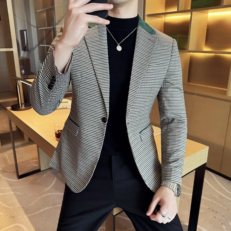 Men Suit Jacket Luxury Fashionable Business Slim Fit Lapel Plaid Dress Wedding Groom Tailcoat 4XL-M