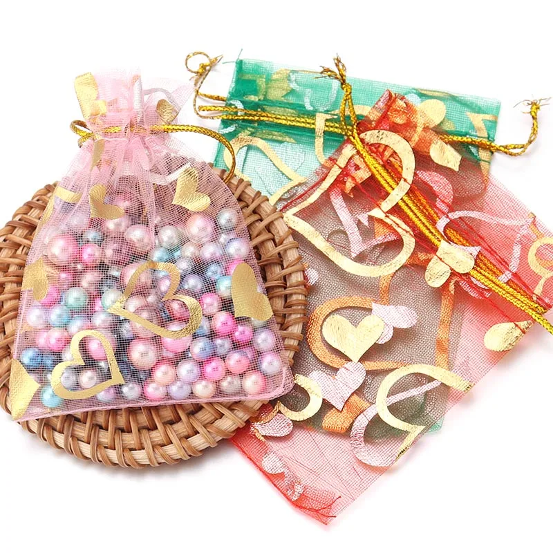 

10pcs 7x9 9x12cm Colorful Organza Bag Heart Design Pounch Jewelry Packaging Bag Wedding/Christmas Favor Pouches & Gift