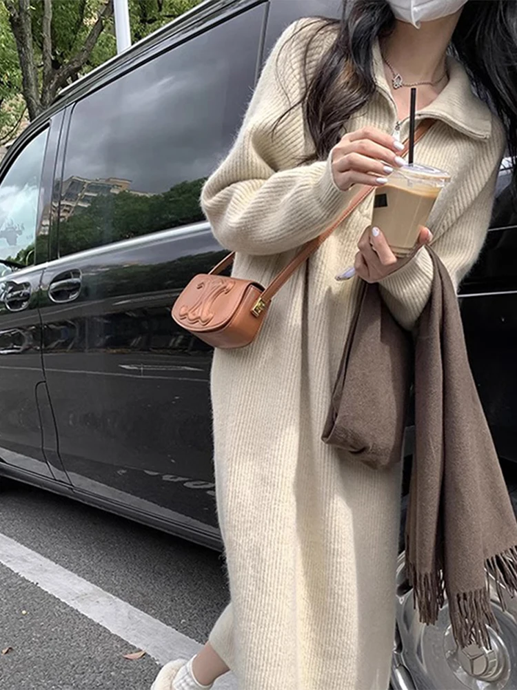 

Женское трикотажное платье-свитер на молнии, с длинным рукавом