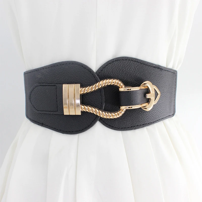 

Women Fashion Wide Waistband Luxury Big Buckle PU Leather Cummerbunds for Ladies Dress Sweater Stretchy Belts Elastic Waist Belt