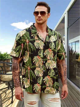 2023 Cuban Collar Hawaiian Shirts Men's Summer Plant Print Shirt Men's Loose Beach Tops Outdoor Social Street men's Clothing