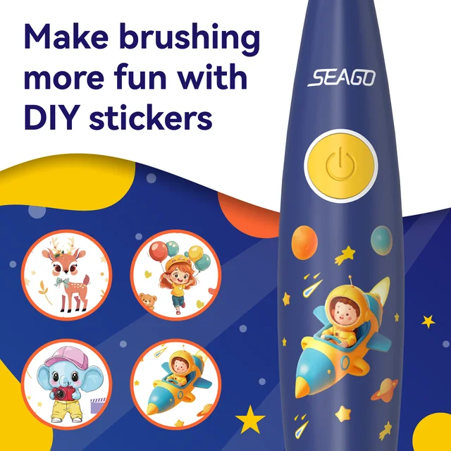 Seago Kids Electric Toothbrush with Sticker LED Colorful/Observing Light 3 Modes Smart Timer Waterproof Teeth Clean for Child 2