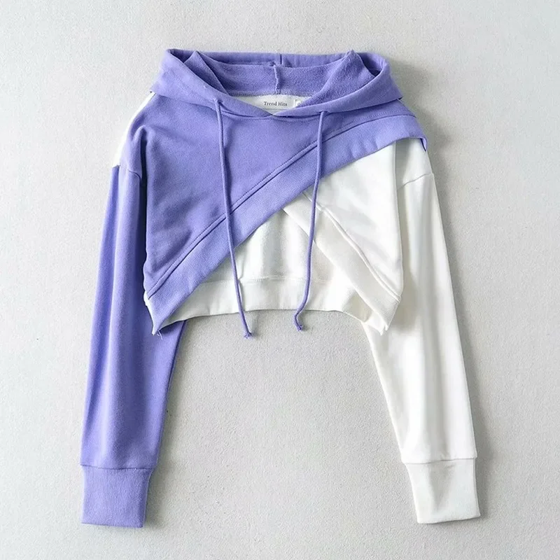 2024 Women Street Style Irregular Stitching Purple Hooded Pullover Woman Fall New Contrast Color Cropped Top Female Korean Tops