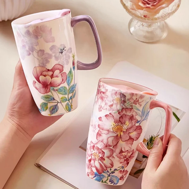Chinese Style Ceramic Gift Cute Mug, Home Personal Office Creative Hand Drawn Flower Patterns, Milk Water Coffee Cup, 600ml, 1Pc