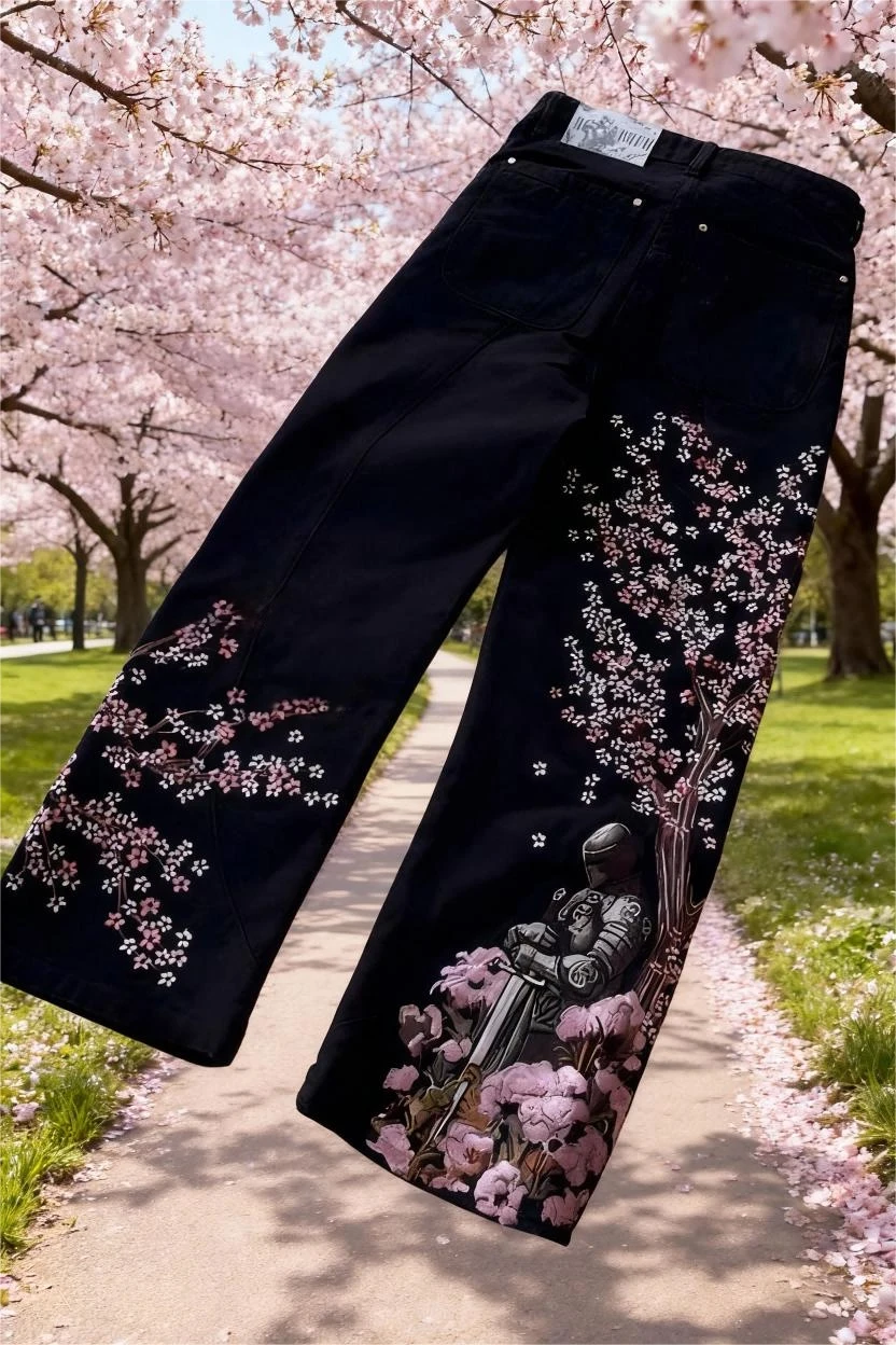 Retro Cherry Blossom Black Knight All Embroidery Jeans Mens Womens