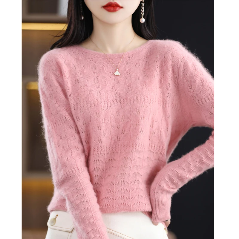 

Spring and Summer New 100% Pure Wool Sweater Women's thin Round Neck Hollow Loose Top Knit Bottom