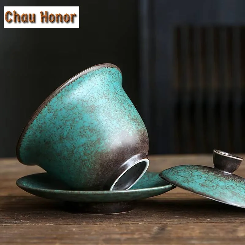 150ml Japanese Style Turquoise Glaze Ceramic Sancai Gaiwan Retro Kiln Change High-capacity Tea Cover Bowl Drinkware Customized