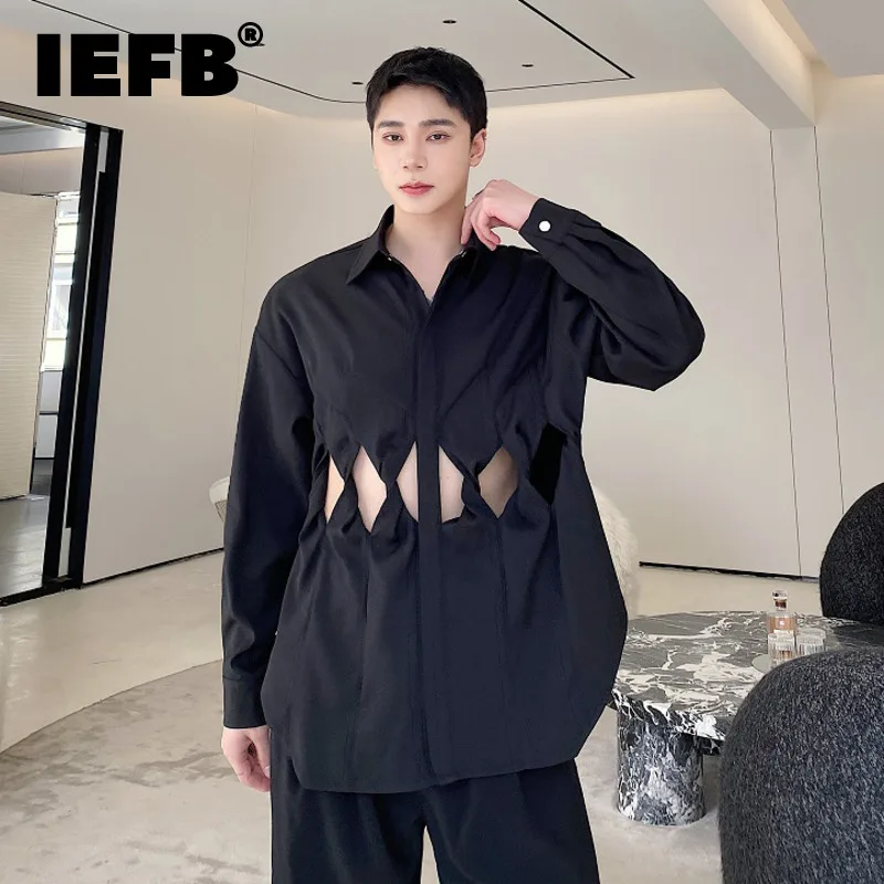 

IEFB 2023 Spring Dark Style Personality Male Shirt Hole Design Men's Long Sleeve Lapel Shirt Solid Color Top New Fashion 9A7221