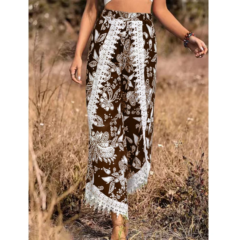 

Lace Patchwork Loose Women Pants 2023 Women Wide Leg Pants Boho Print Casual Pants for Women