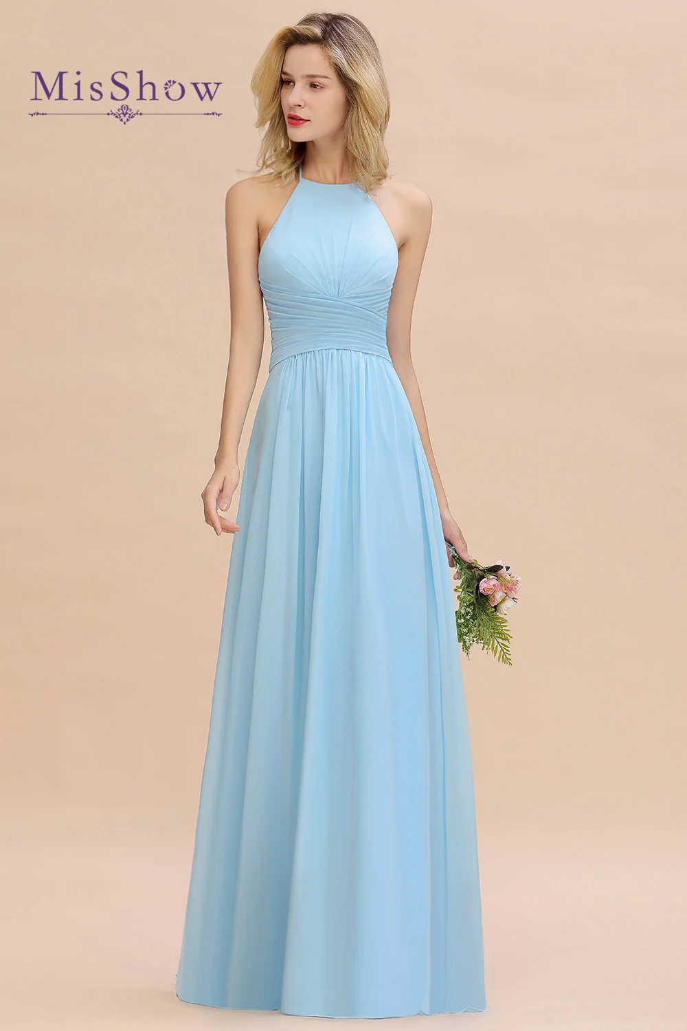 MisShow Glamorous Halter Backless Long Bridesmaid Dresses with Pleated A Line Chiffon Prom Evening Gowns For Wedding Party