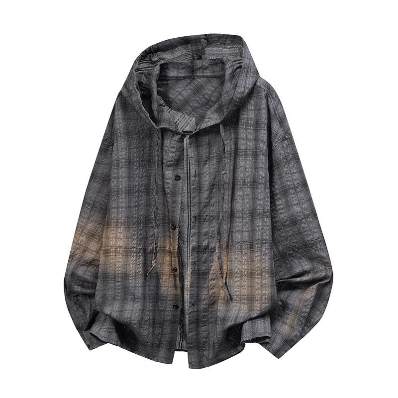 Unisex Plaid Long Sleeve Hooded Shirt Loose Sun Protection Outerwear American Retro Couple's Shirt Jacket Men's Top