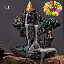 Mountain River Waterfall Incense Burner with 60 Backflow Cones - Home Decor Censer Fountain (H-1203101)
