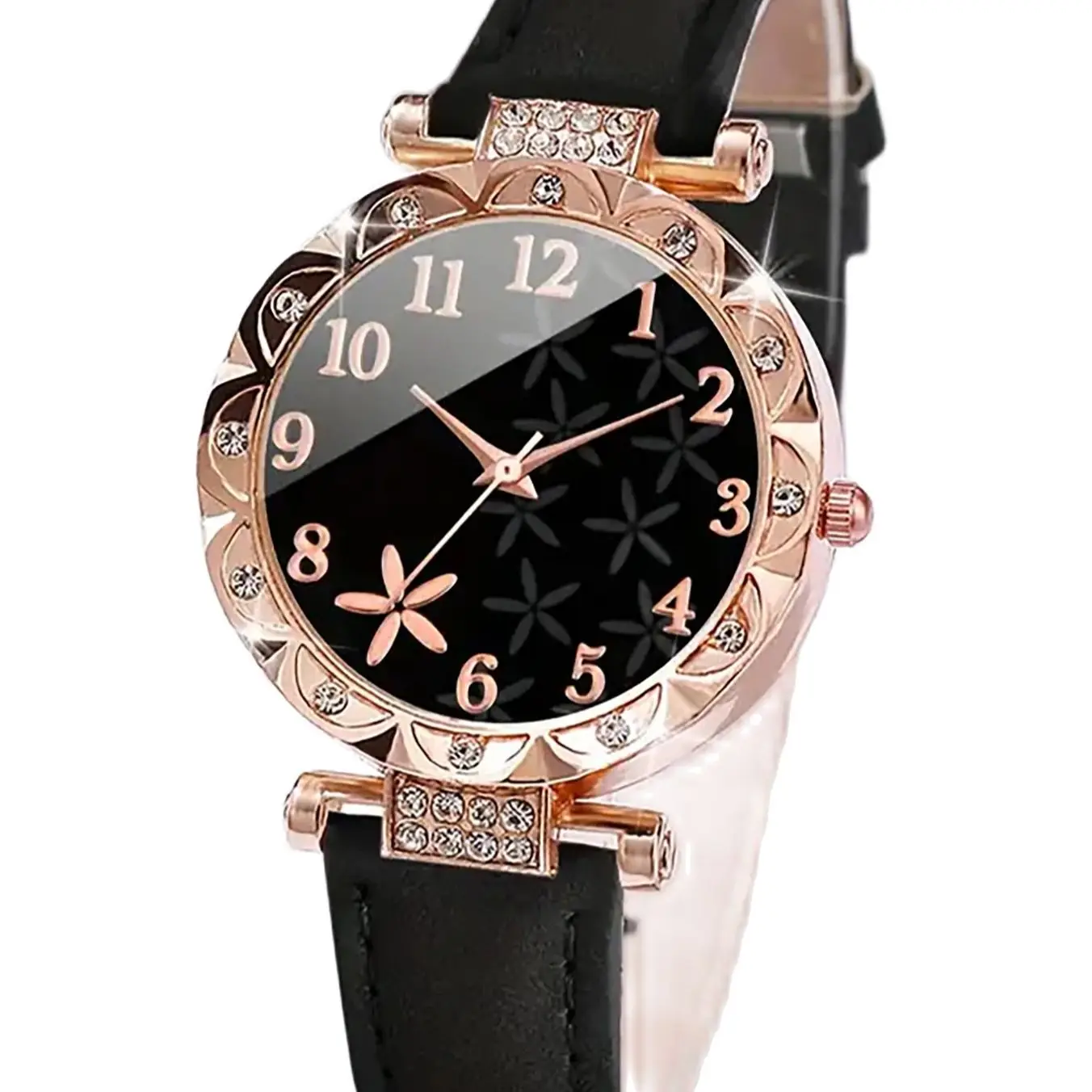 6PCS elegant black leaf plant print ladies quartz watch with black feather Love bracelet set selected gift 6