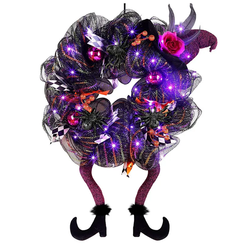 

Halloween Witch Wreath Decorative Door Wreath Purple Halloween Wreaths For Door Glowing Halloween Ornament With Imitation