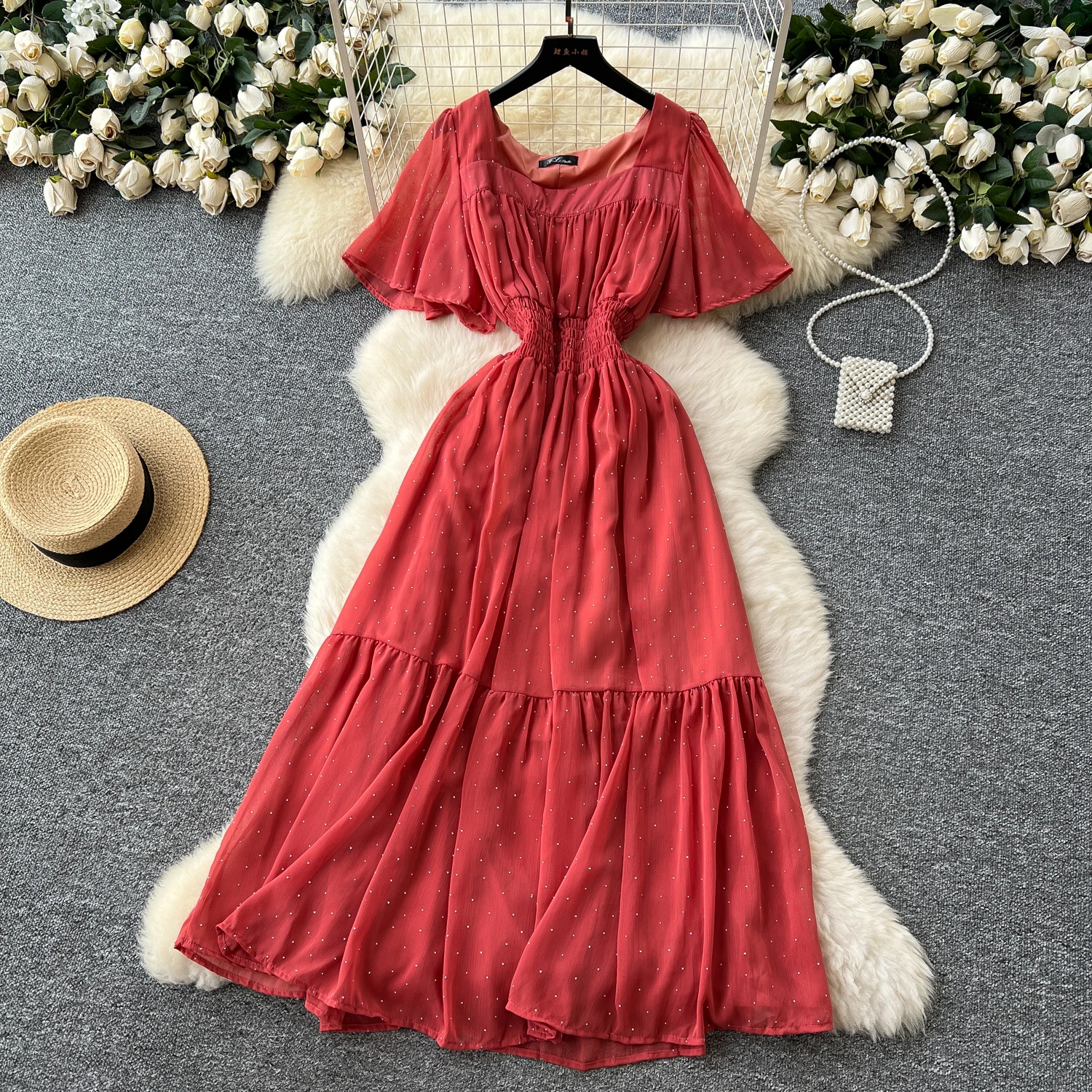 Elegant Sexy High Waist chiffon glitter Vacation Vestidos Slim Women Party Ceremonial Dress