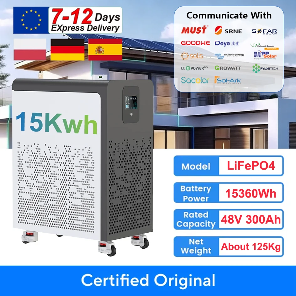 LiFePO4 48V 300Ah 15Kwh Battery Akku 6000 Cycles With Wheels 51.2V BMS 100Ah 600Ah Solar Energy Storage Lithium Battery EU STOCK