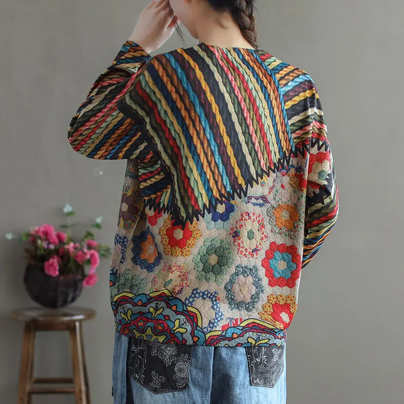 Vintage Ethnic Style Sping Autumn Sweaters Women O-Neck Striped Printing Patchwork Fashion Long Sleeve Pullovers Knitted Tops 3