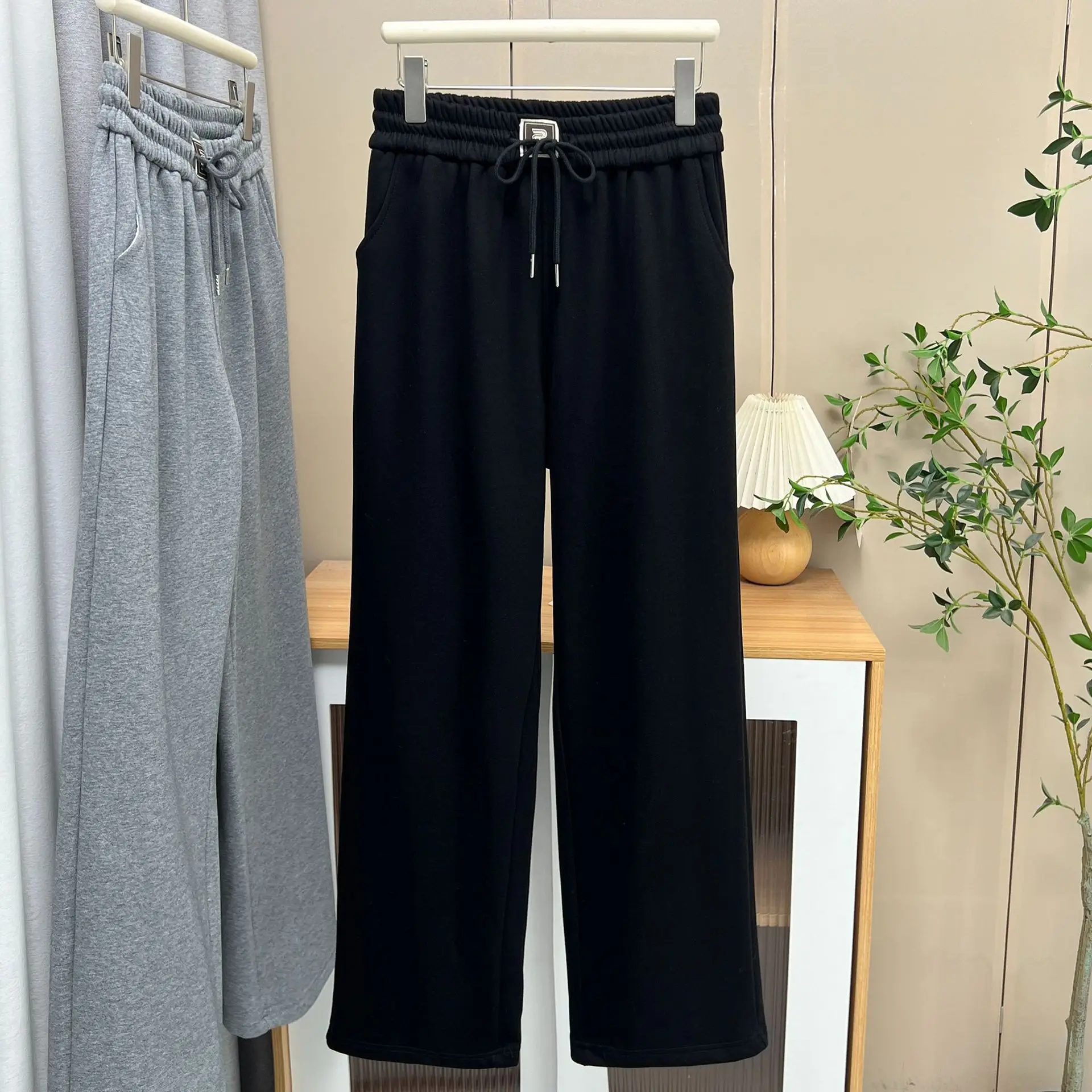 XXXXL Fashion Plus Size Women's Straight Leg Pants New Clothing Autumn Winter 2025 Simple Drawstring Waist Fleece Warm Trousers