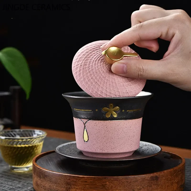 Chinese Style Ceramic Gaiwan Lotus Flower Tracing Gold Teacup Tea Bowl Household Retro Tea Set Handmade Infuser
