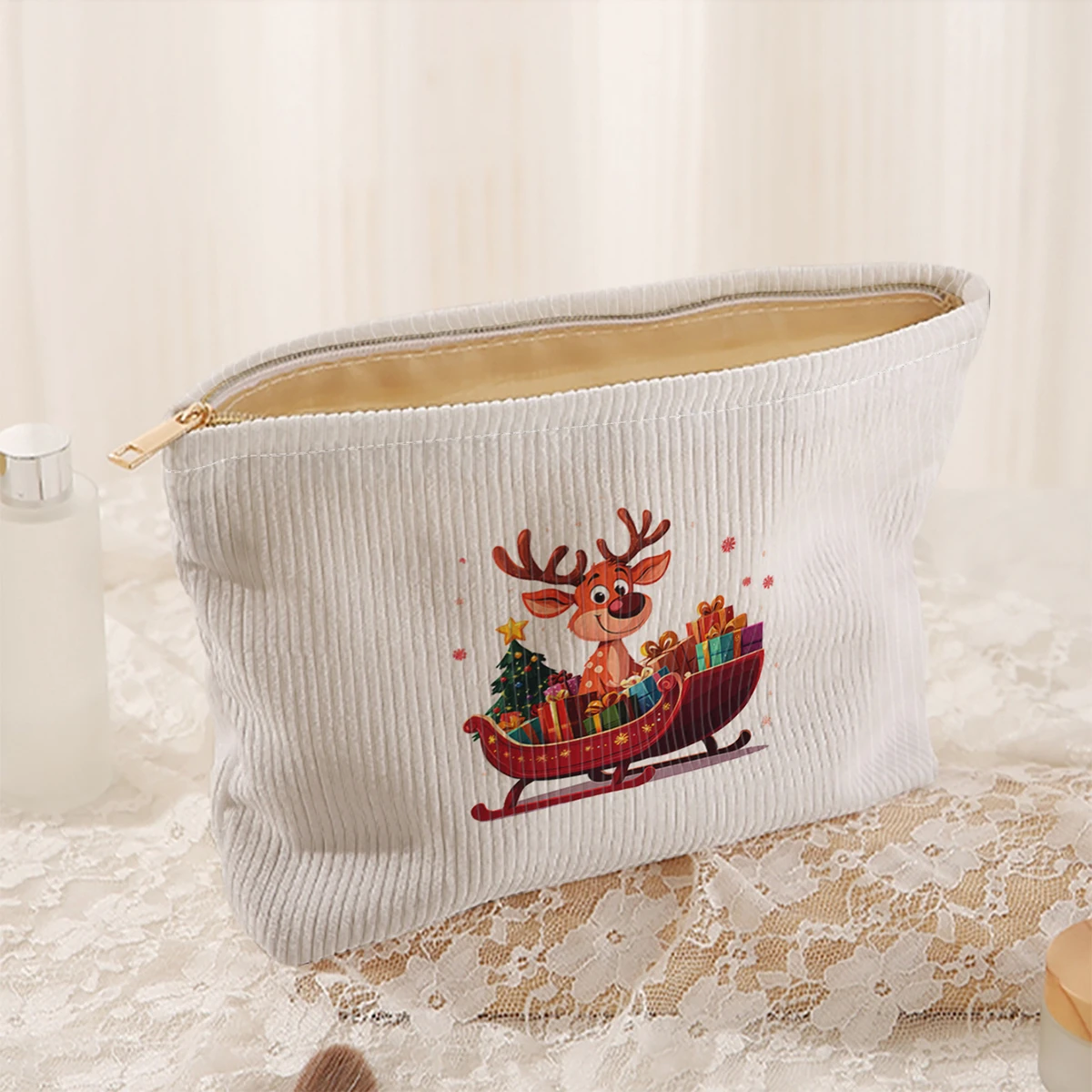 1 Christmas themed corduroy makeup bag, lightweight zipper makeup storage box, multifunctional bag with lining
