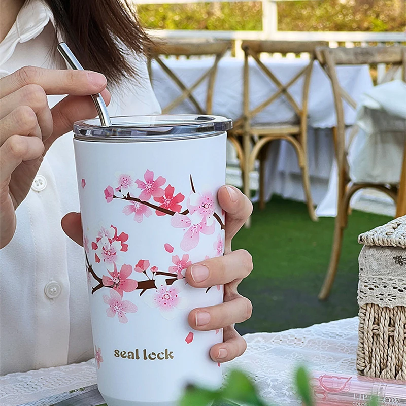 Stainless Steel Cherry Blossom Thermal Mug with Lid Double Wall Coffee  Leak-Proof Water Cup Travel Camping Tea Tumbler Drinkware