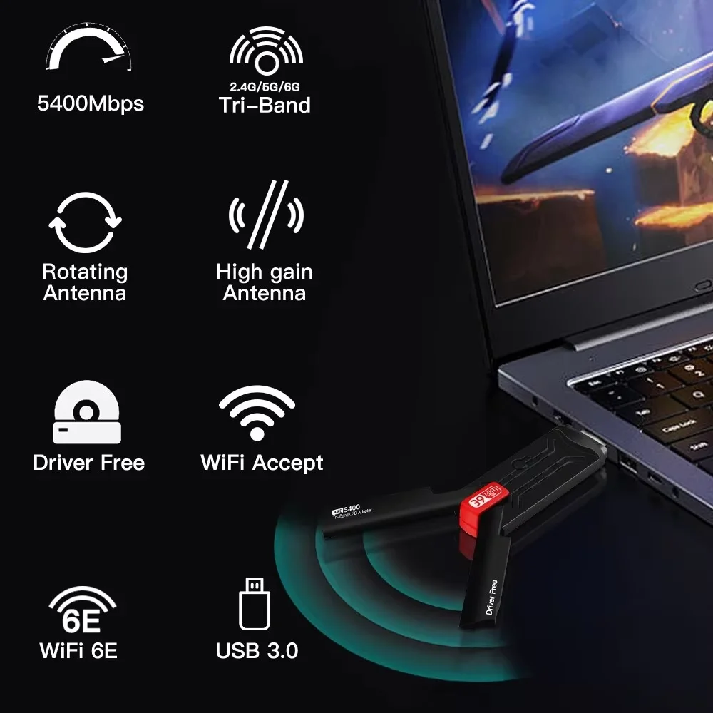 WiFi6E AX5400 USB 3.0 어댑터 트리플 밴드 무선 카드 Win 10/11 용 PC/노트북 용 802.11AX 6GHz 고 이득 안테나