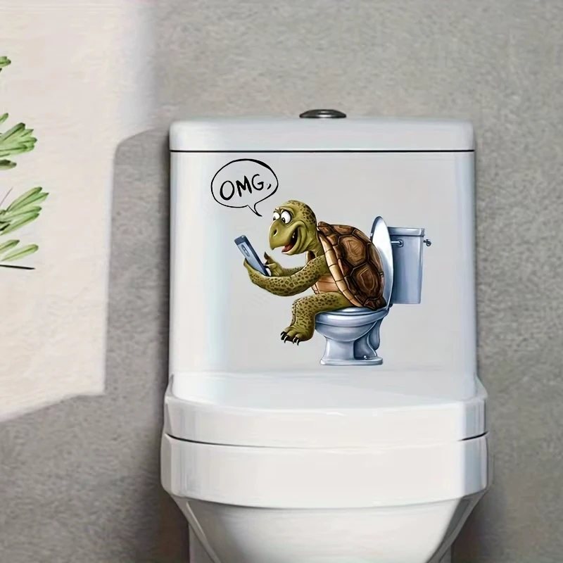 H61Funny Sea Turtle Playing Phone Toilet Sticker Bathroom Toilet Cover Sticker Wall Stickers Animal BathRoom Decoration