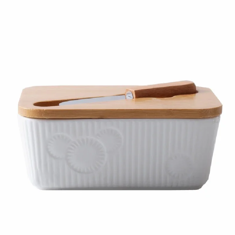 

White Embossed Ceramic Butter Box with Knife Bamboo Lid Cheese Small Bowl Butter Plate Kitchen Storage Box Table Decoration