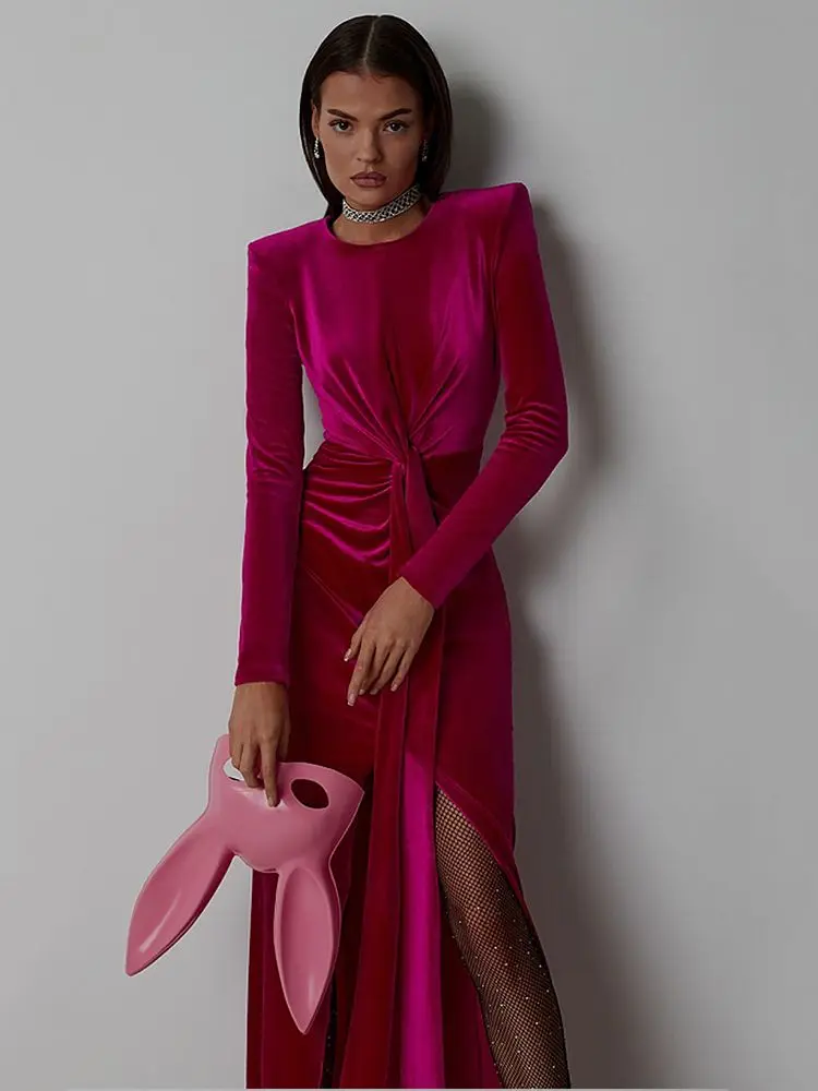 

BEVENCCEL Sexy New In Summer Women'S Sexy Long-Sleeved High Split Pleated Velvet Fashion Elegant Party Club Long Dress 2023