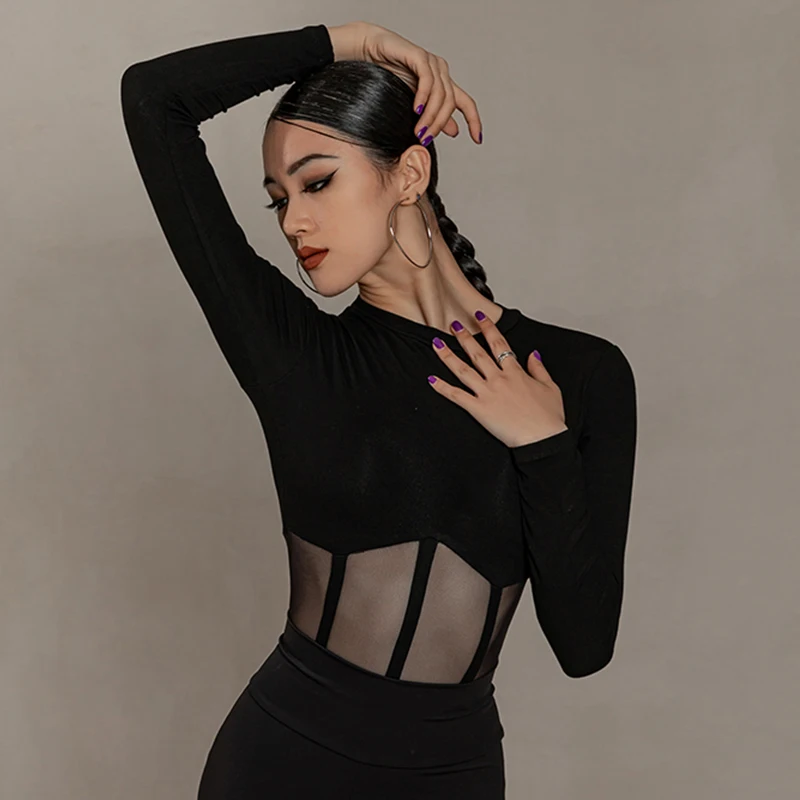 

Sexy Latin Dance Tops Women Practice Clothes Round Neck Long Sleeves Leotard Adult Latin Dancewear Rumba Cha Cha Costume BL9518