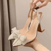 Liyke Fashion Design White Pearl Bowknot Women Pumps Sexy Pointed Toe High Heels Wedding Prom Shoe PVC Transparent Sandal Female - Image 3