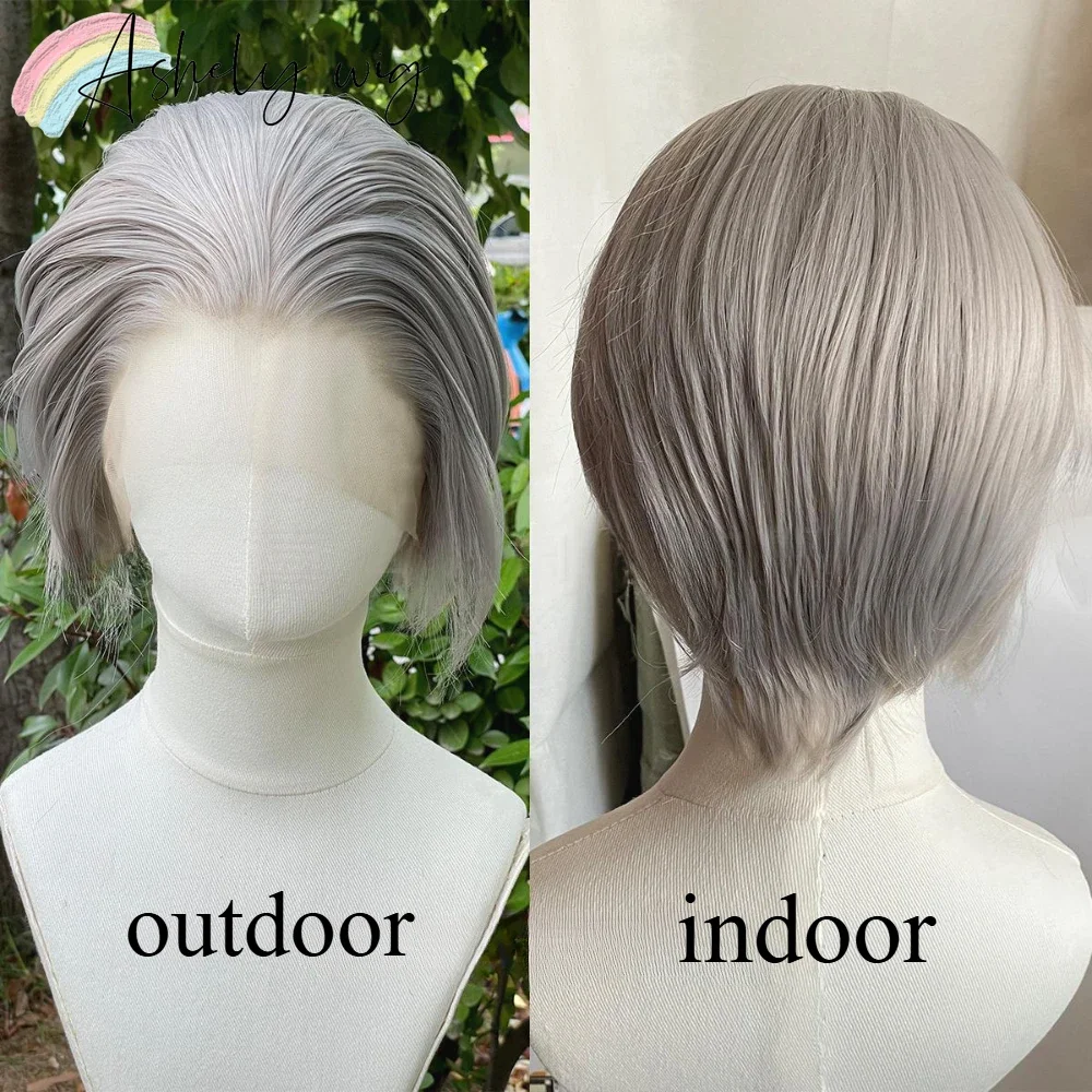 Sliver Wigs Gray Synthetic Lace Front Wig 13x4 6inch Short Straight Lace Front Wig for Daily Use High-temperature Fiber Cosplay