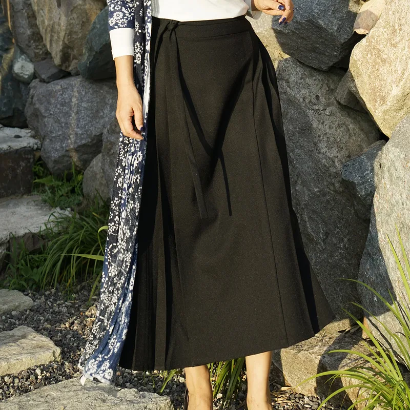 A Life On The Left Women Skirt A-shape Lace Up Waist Pleated Design Vintage Classic Black Traditional One Piece Mid-length Skirt