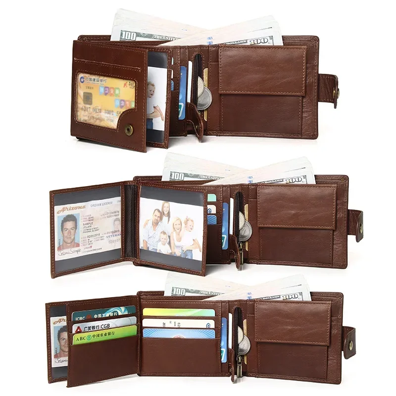 Genuine Leather Short Men's Wallet with Large Capacity Vintage RFID Multi-Card Slots Coin Purse