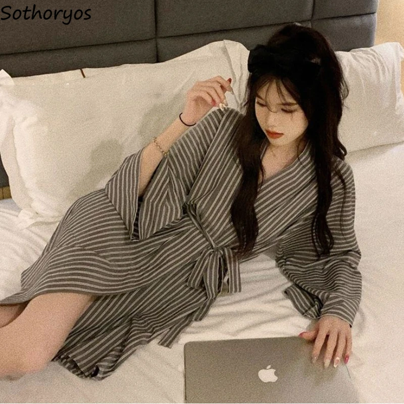 Striped-Robes-for-Women-Japanese-Style-Lace-up-Bathrobe-Spring-Summer ...