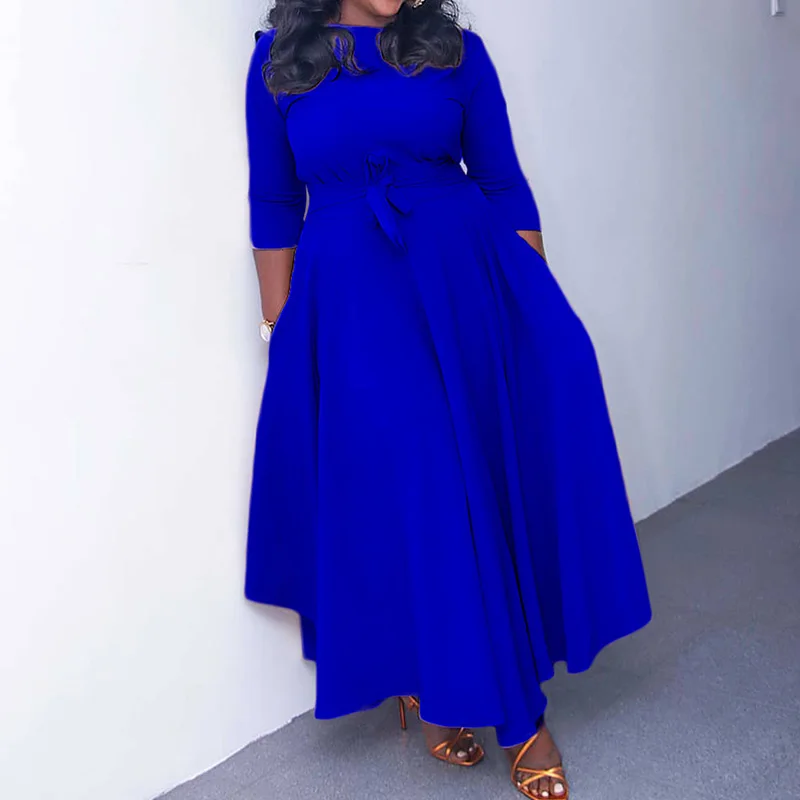 Autumn Winter Plus Size Women Clothes Solid Color Fashion Round Neck Bandage Three Quarter Sleeve Higt Waist Elegant Maxi Dress