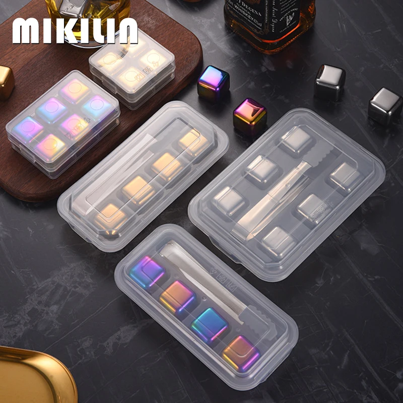 4/6Pcs Stainless Steel Ice Cubes Set Reusable Chilling Stones Vodka Wine Cooler Whiskey Beer Cooling Rock Metal Ice Cubes Gifts